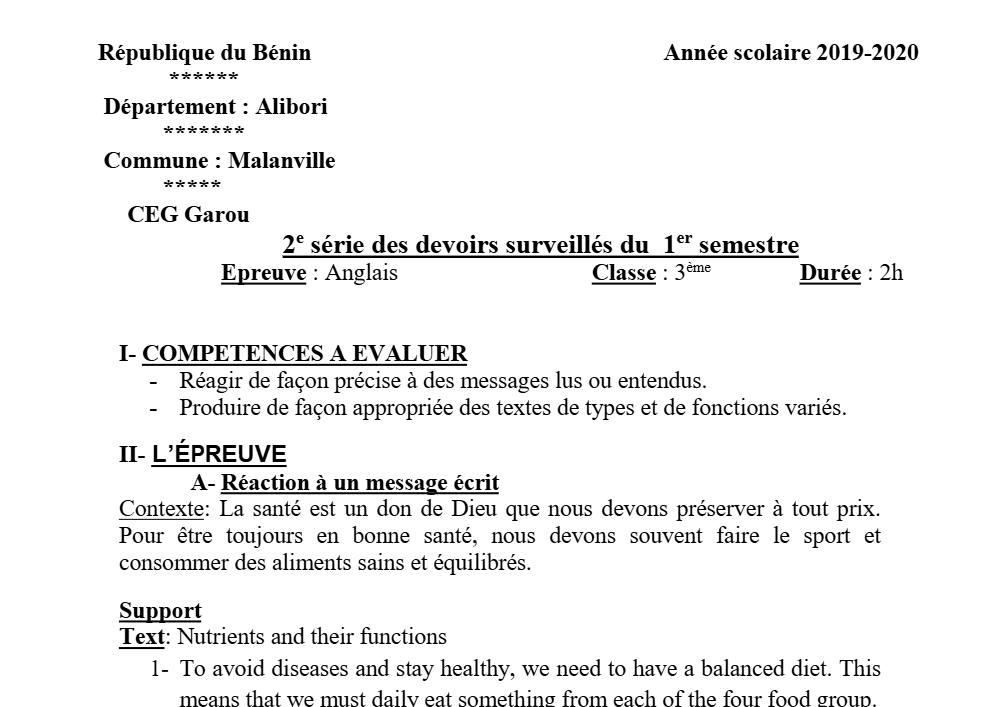 Aperçu de la première page — 3ème Anglais Devoir 2 Semestre 1 CEG Garou 2019 2020