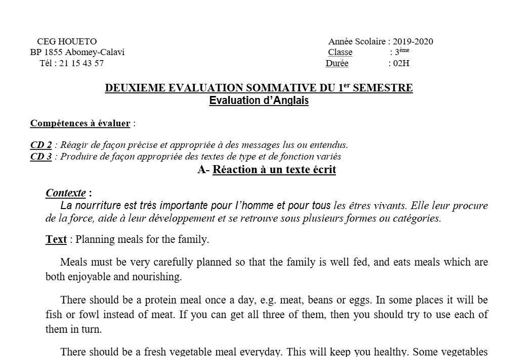Aperçu de la première page — 3ème Anglais Devoir 2 Semestre 1 CEG Houeto 2019 2020