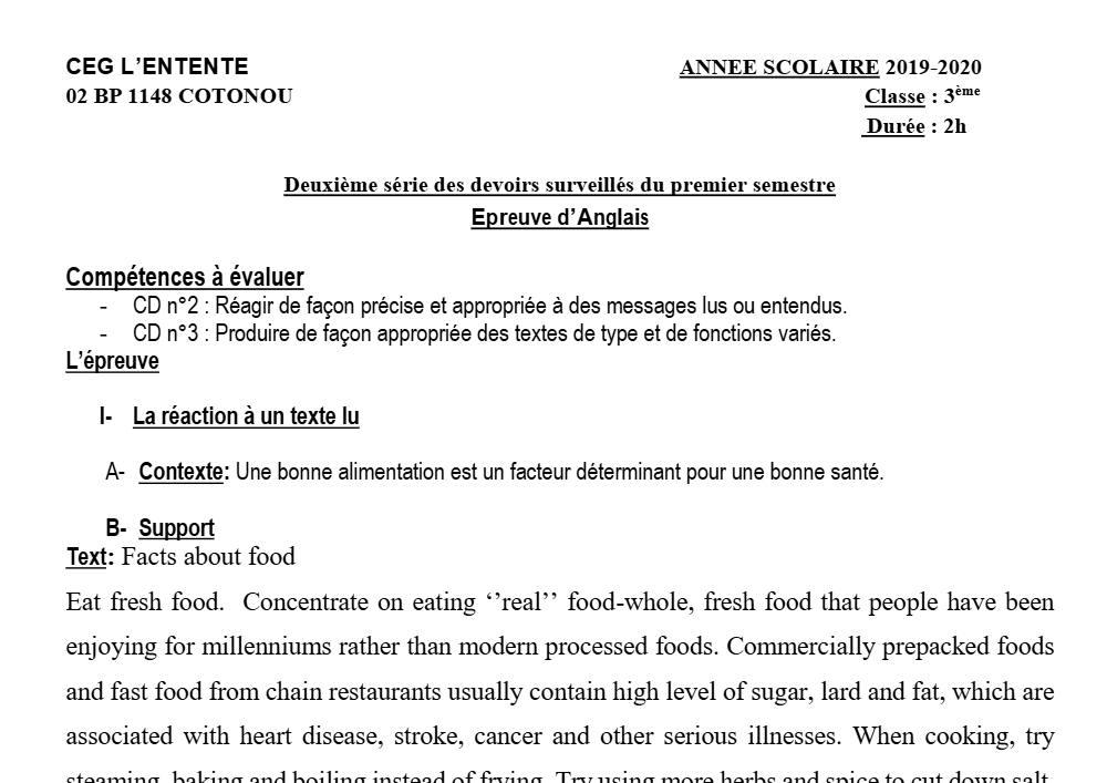 Aperçu de la première page — 3ème Anglais Devoir 2 Semestre 1 CEG L'Entente 2019 2020