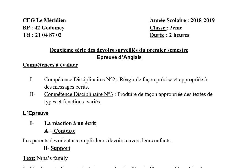 Aperçu de la première page — 3ème Anglais Devoir 2 Semestre 1 CEG Le Meridien 2018 2019