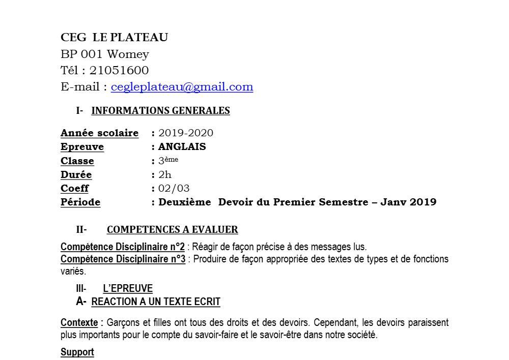 Aperçu de la première page — 3ème Anglais Devoir 2 Semestre 1 CEG Le Plateau 2019 2020
