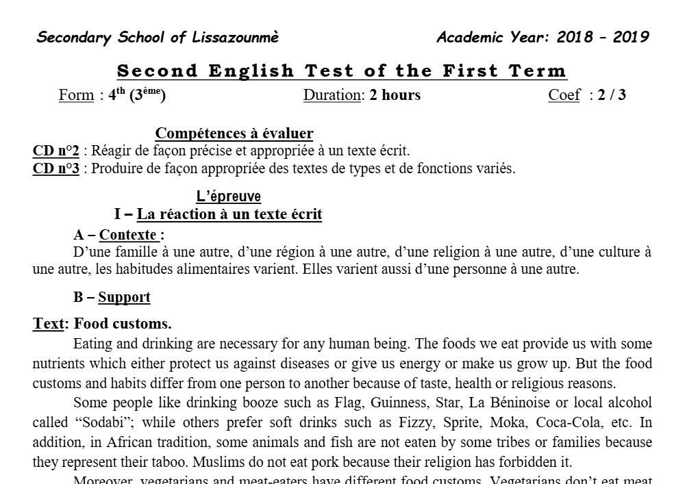 Aperçu de la première page — 3ème Anglais Devoir 2 Semestre 1 CEG Lissazounme 2018 2019