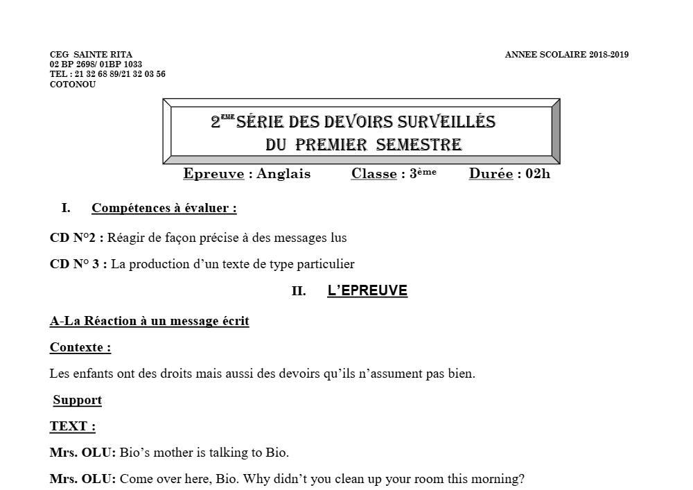 Aperçu de la première page — 3ème Anglais Devoir 2 Semestre 1 CEG Sainte Rita 2018 2019