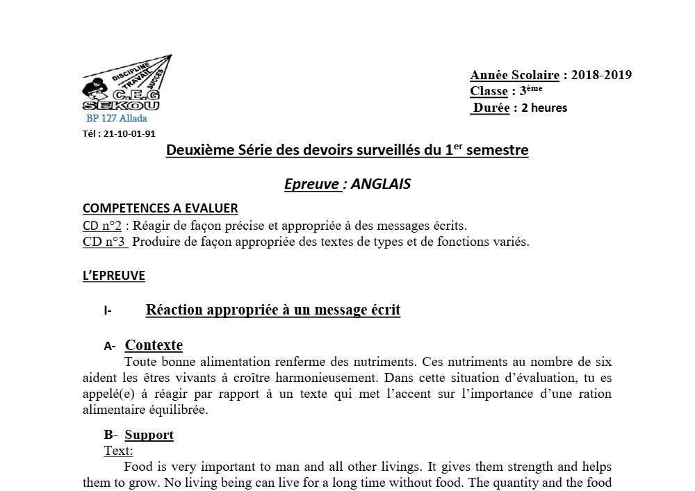 Aperçu de la première page — 3ème Anglais Devoir 2 Semestre 1 CEG Sekou 2018 2019