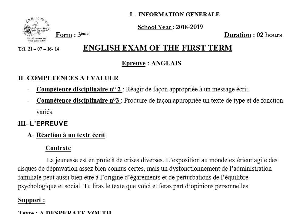 Aperçu de la première page — 3ème Anglais Devoir 2 Semestre 1 CEG So Ava 2018 2019