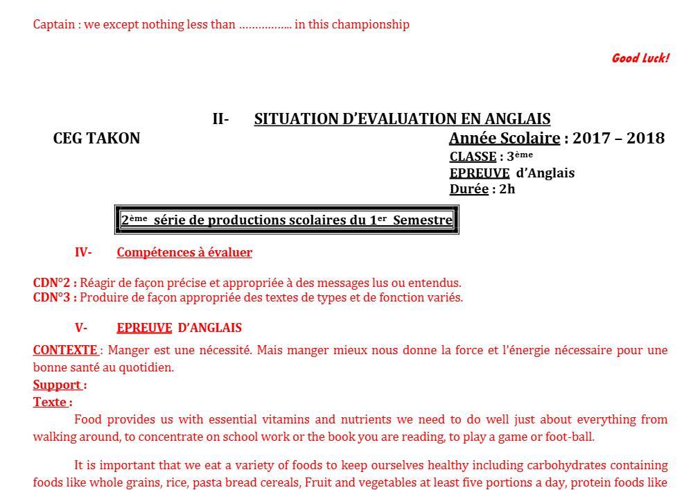 Aperçu de la première page — 3ème Anglais Devoir 2 Semestre 1 CEG Takon 2018 2019