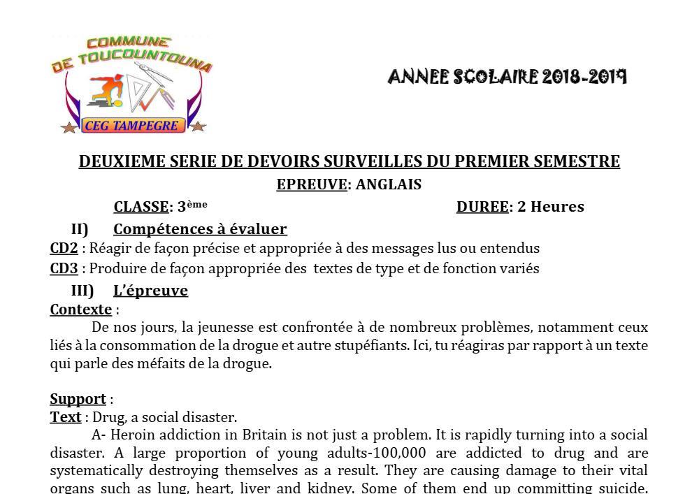 Aperçu de la première page — 3ème Anglais Devoir 2 Semestre 1 CEG Tampegre 2018 2019