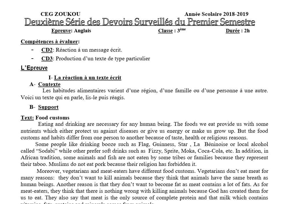 Aperçu de la première page — 3ème Anglais Devoir 2 Semestre 1 CEG Zoukou 2018 2019