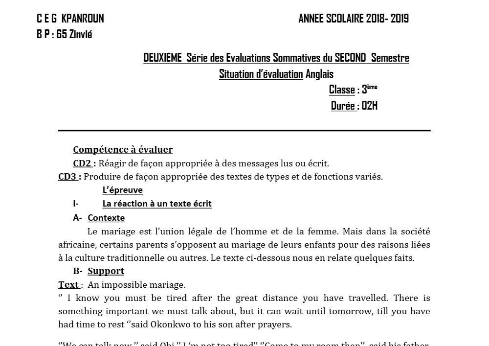 Aperçu de la première page — 3ème Anglais Devoir 2 Semestre 2 CEG1 Kpanroun 2018 2019