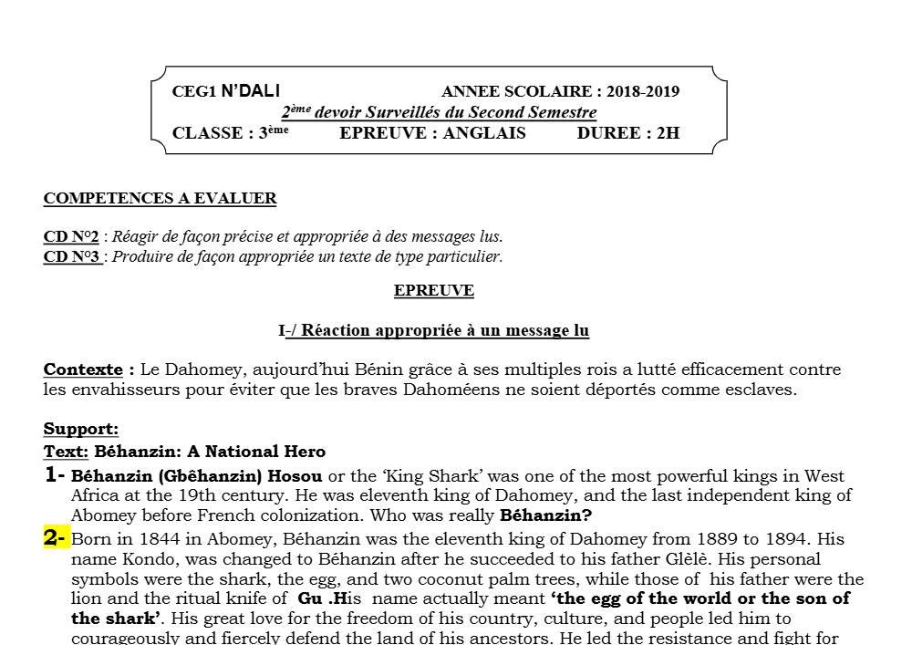 Aperçu de la première page — 3ème Anglais Devoir 2 Semestre 2 CEG1 N'Dali 2018 2019