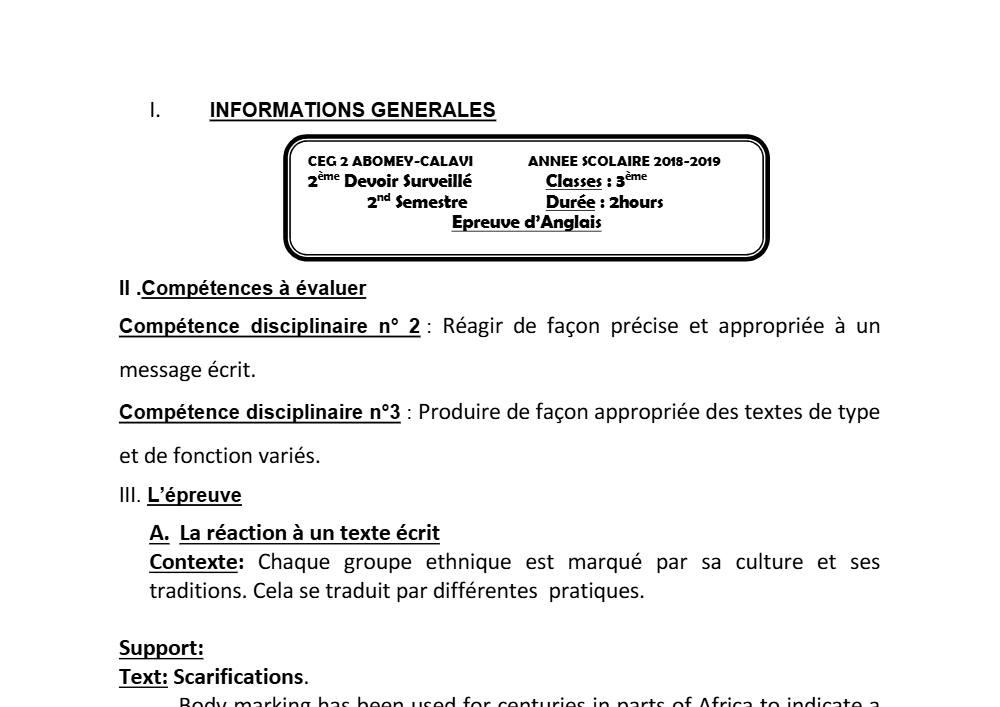 Aperçu de la première page — 3ème Anglais Devoir 2 Semestre 2 CEG2 Abomey Calavi 2018 2019