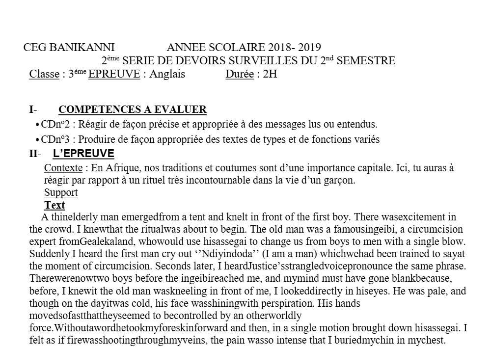 Aperçu de la première page — 3ème Anglais Devoir 2 Semestre 2 CEG Banikanni 2018 2019