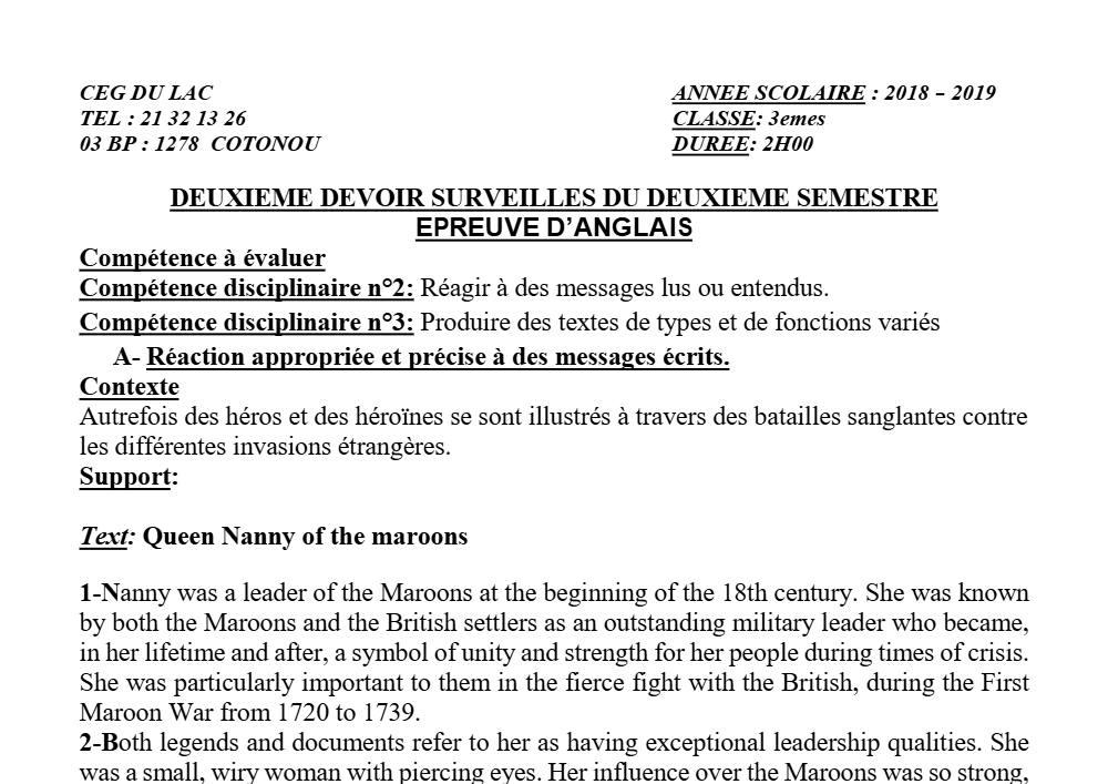 Aperçu de la première page — 3ème Anglais Devoir 2 Semestre 2 CEG du Lac 2018 2019