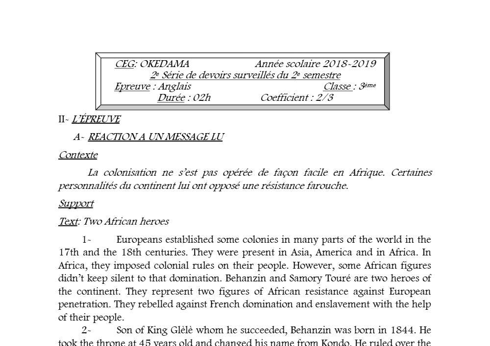Aperçu de la première page — 3ème Anglais Devoir 2 Semestre 2 CEG Okedama 2018 2019