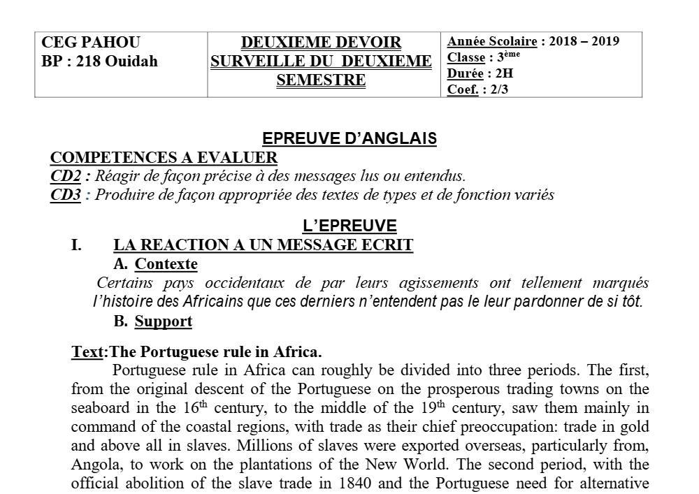 Aperçu de la première page — 3ème Anglais Devoir 2 Semestre 2 CEG Pahou 2018 2019
