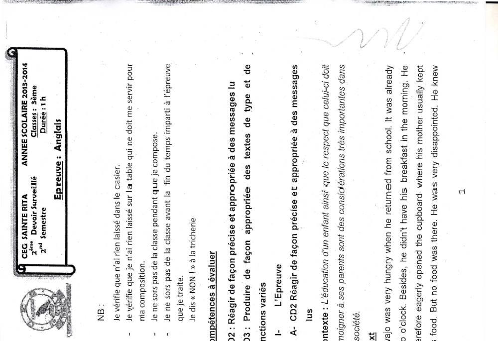 Aperçu de la première page — 3ème Anglais Devoir 2 Semestre 2 CEG Sainte Rita 2013 2014