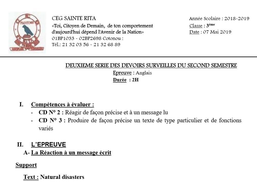 Aperçu de la première page — 3ème Anglais Devoir 2 Semestre 2 CEG Sainte Rita 2018 2019