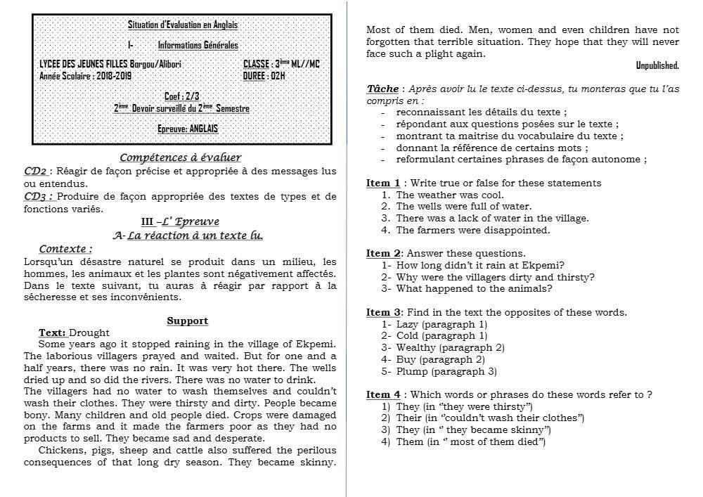 Aperçu de la première page — 3ème Anglais Devoir 2 Semestre 2 Lycée des Jeunes Filles 2018 2019
