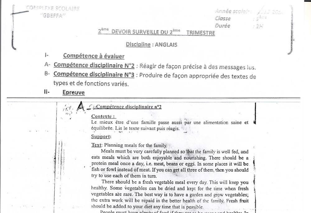 Aperçu de la première page — 3ème Anglais Devoir 2 Trimestre 2 CS Gbeffa 2013 2014