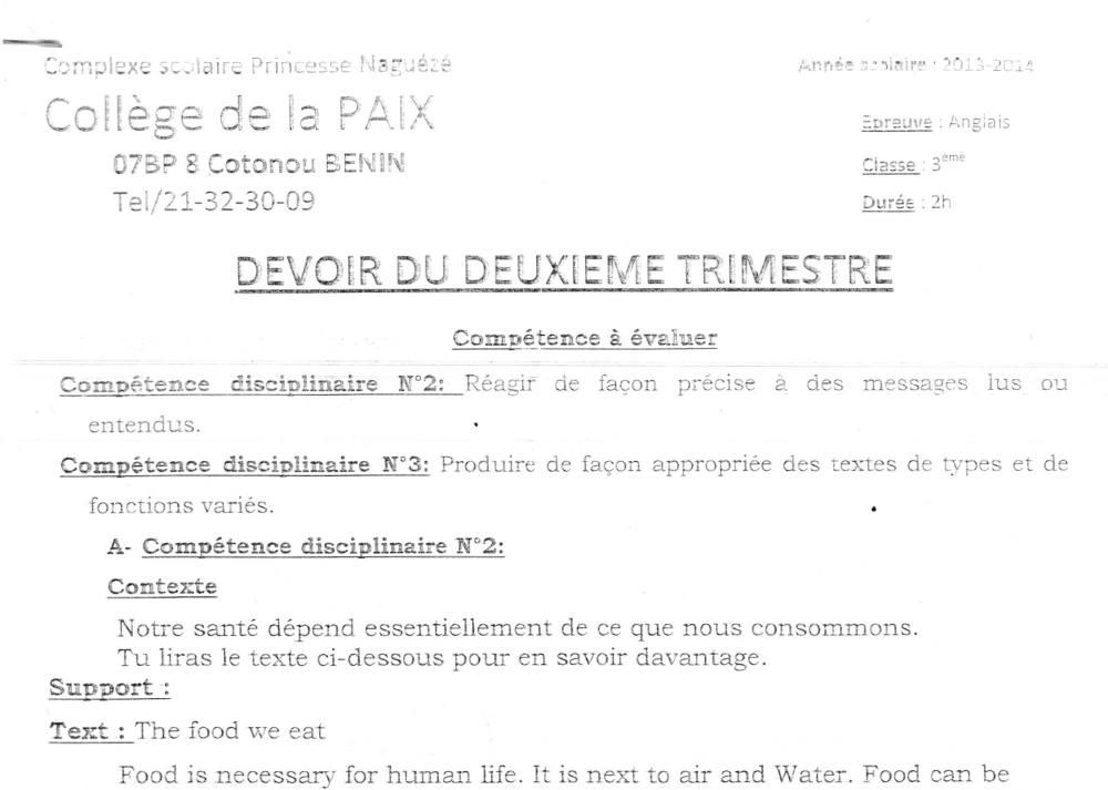 Aperçu de la première page — 3ème Anglais Devoir Trimestre 2 CS Princesse Nagueze 2013 214 2013