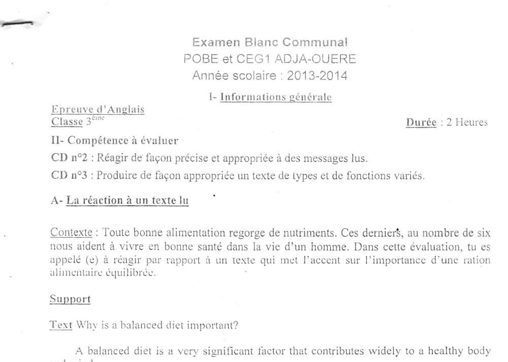 Aperçu de la première page — 3ème Anglais Examen blanc Communal Pobè Adja Ouere 2013 2014