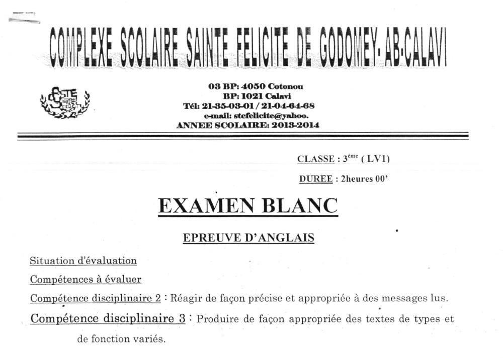 Aperçu de la première page — 3ème Anglais Examen blanc CS Ste Félicité Lv1 2013 2014