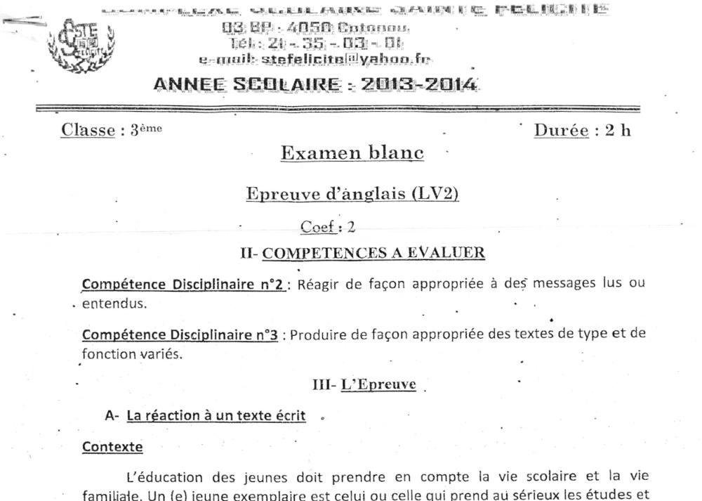 Aperçu de la première page — 3ème Anglais Examen blanc CS Ste Félicité Lv2 2013 2014