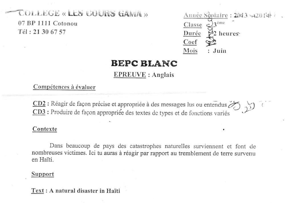 Aperçu de la première page — 3ème Anglais Examen blanc Les Cours Gama B e p c Juin 2014
