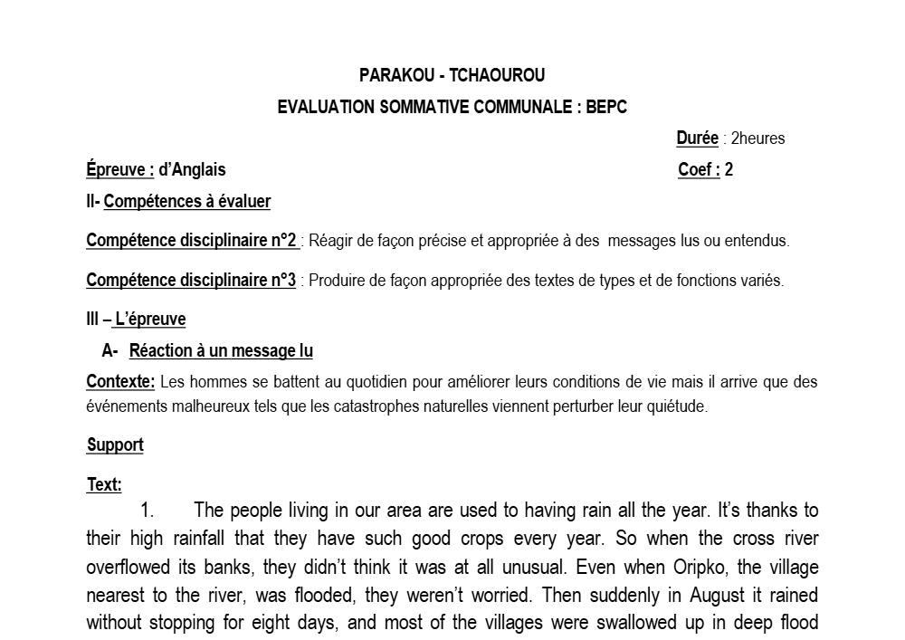 Aperçu de la première page — 3ème Anglais Examen National Bepc Commune Tchaourou 2018 2019