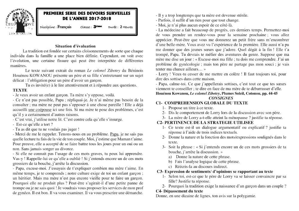 Aperçu de la première page — 3ème Français Devoir 1 Semestre 1 CEG Cove 2017 2018
