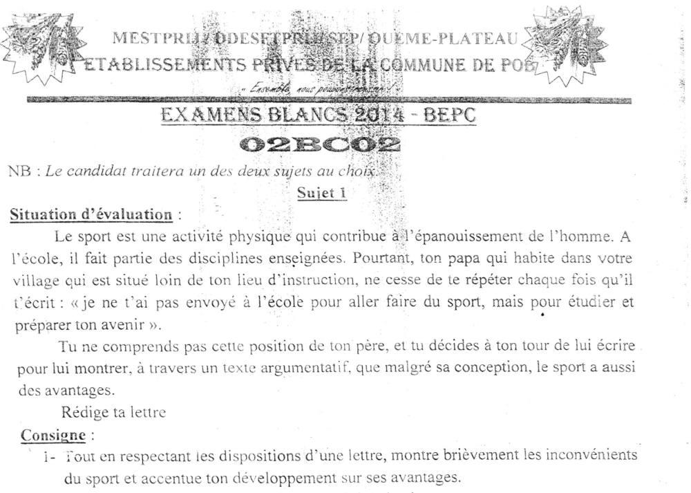 Aperçu de la première page — 3ème Français Examen blanc Les Ets Prives de Pobè Bepc 2014