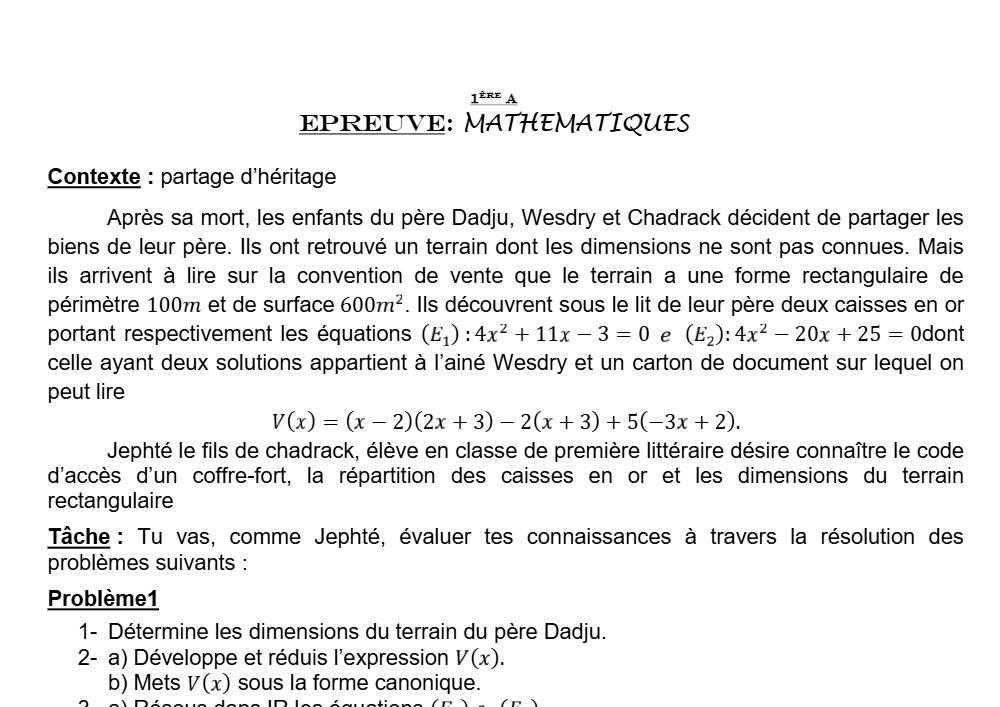 Aperçu de la première page — 1ère A Mathématiques Devoir 1 Semestre 1 CEG Sèkandji 2019 2020