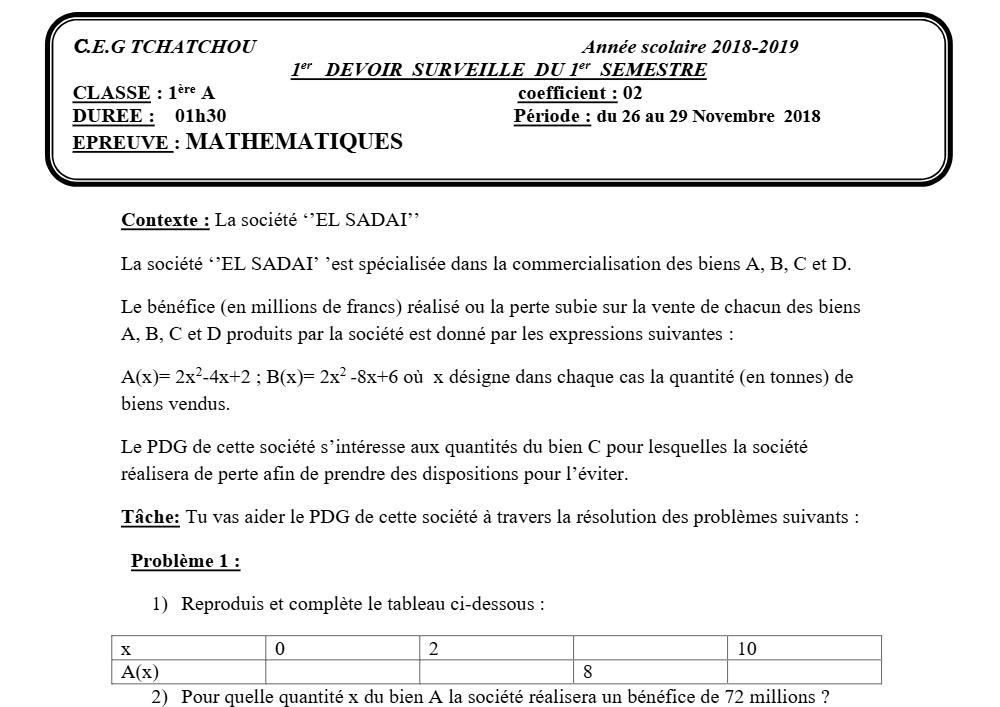 Aperçu de la première page — 1ère A Mathématiques Devoir 1 Semestre 1 CEG Tchatchou 2018 2019