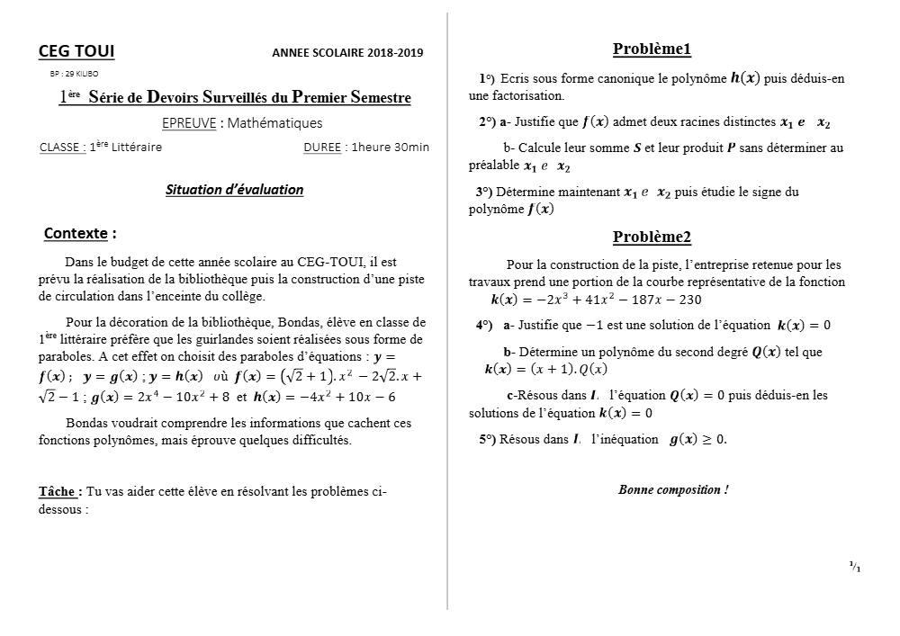 Aperçu de la première page — 1ère A Mathématiques Devoir 1 Semestre 1 CEG Toui 2018 2019