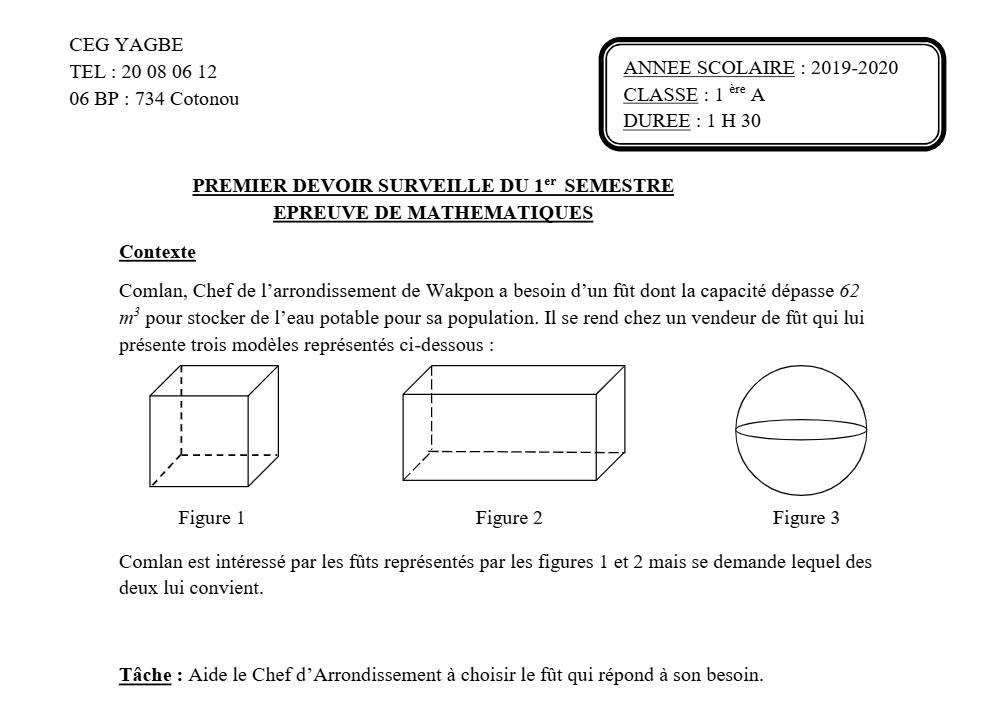 Aperçu de la première page — 1ère A Mathématiques Devoir 1 Semestre 1 CEG Yagbe 2019 2020
