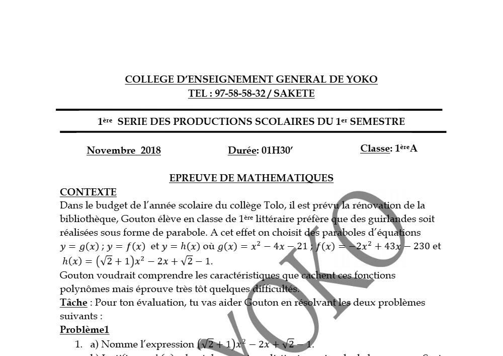 Aperçu de la première page — 1ère A Mathématiques Devoir 1 Semestre 1 CEG Yoko 2018 2019