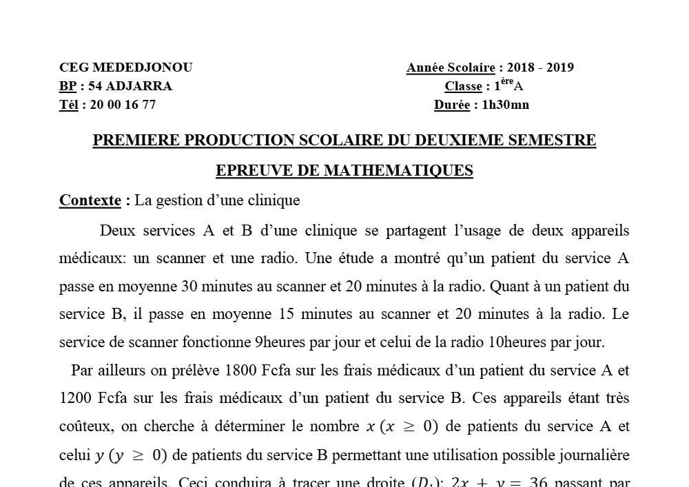 Aperçu de la première page — 1ère A Mathématiques Devoir 1 Semestre 2 CEG Mededjonou 2018 2019
