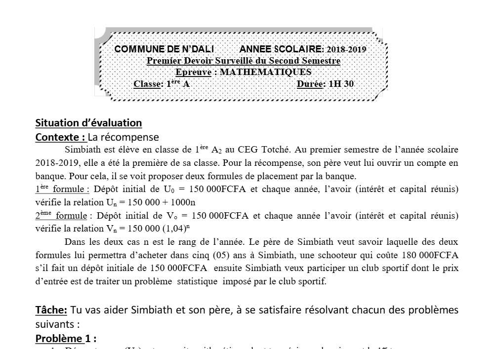 Aperçu de la première page — 1ère A Mathématiques Devoir 1 Semestre 2 CEG N'Dali 2018 2019