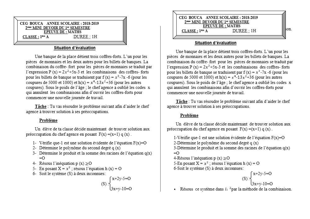 Aperçu de la première page — 1ère A Mathématiques Devoir 2 Semestre 1 CEG Bouca 2018 2019