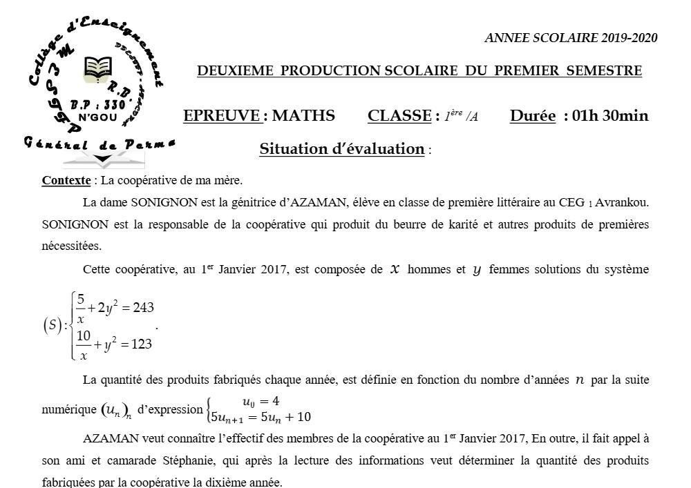 Aperçu de la première page — 1ère A Mathématiques Devoir 2 Semestre 1 CEG Perma 2019 2020