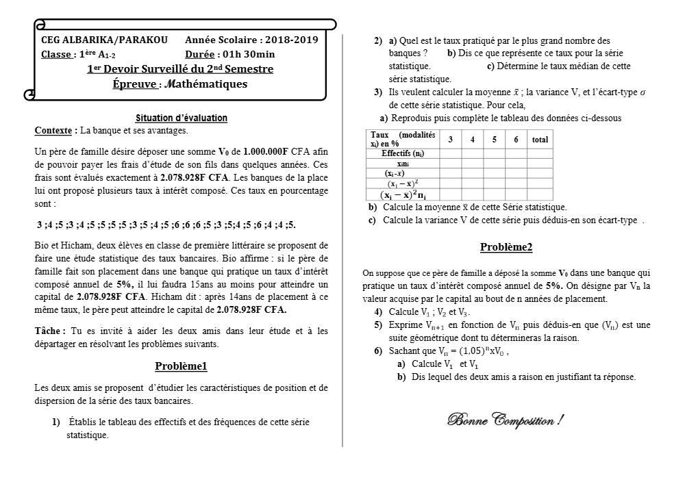 Aperçu de la première page — 1ère A1 A2 Mathématiques Devoir 1 Semestre 2 CEG Albarika 2018 2019