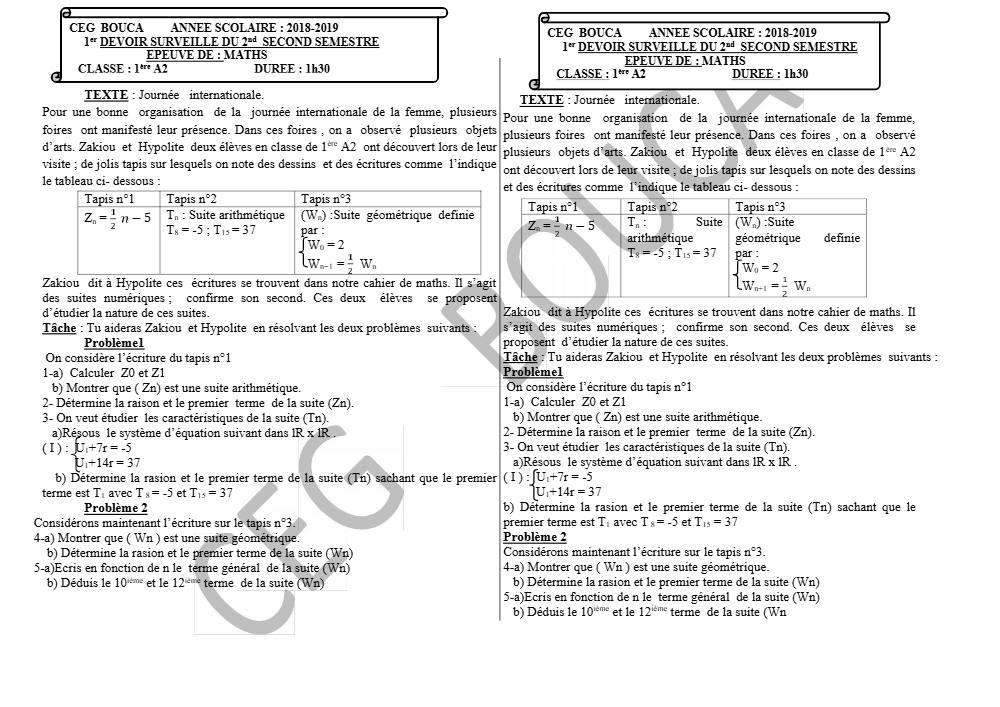 Aperçu de la première page — 1ère A2 Mathématiques Devoir 1 Semestre 2 CEG Bouca 2018 2019