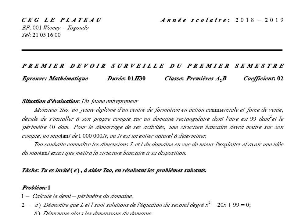 Aperçu de la première page — 1ère A2 B Mathématiques Devoir 1 Semestre 1 CEG Le Plateau 2018 2019