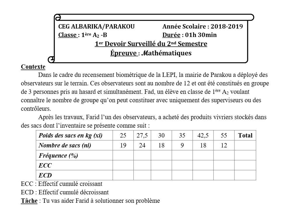 Aperçu de la première page — 1ère A2 B Mathématiques Devoir 1 Semestre 2 CEG Albarika 2018 2019