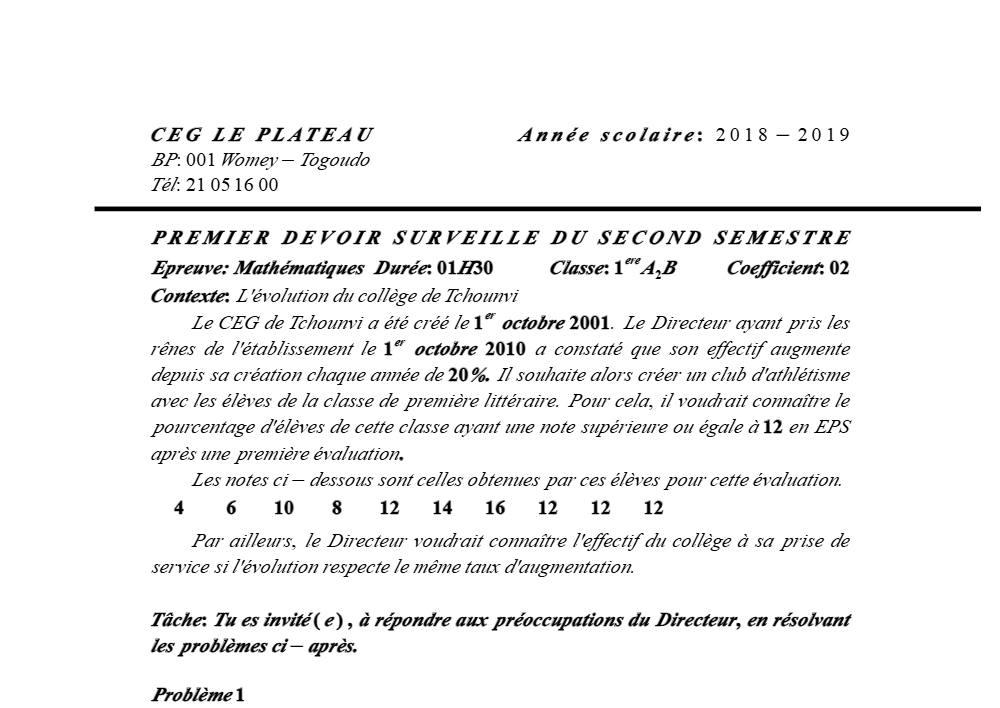 Aperçu de la première page — 1ère A2 B Mathématiques Devoir 1 Semestre 2 CEG Le Plateau 2018 2019