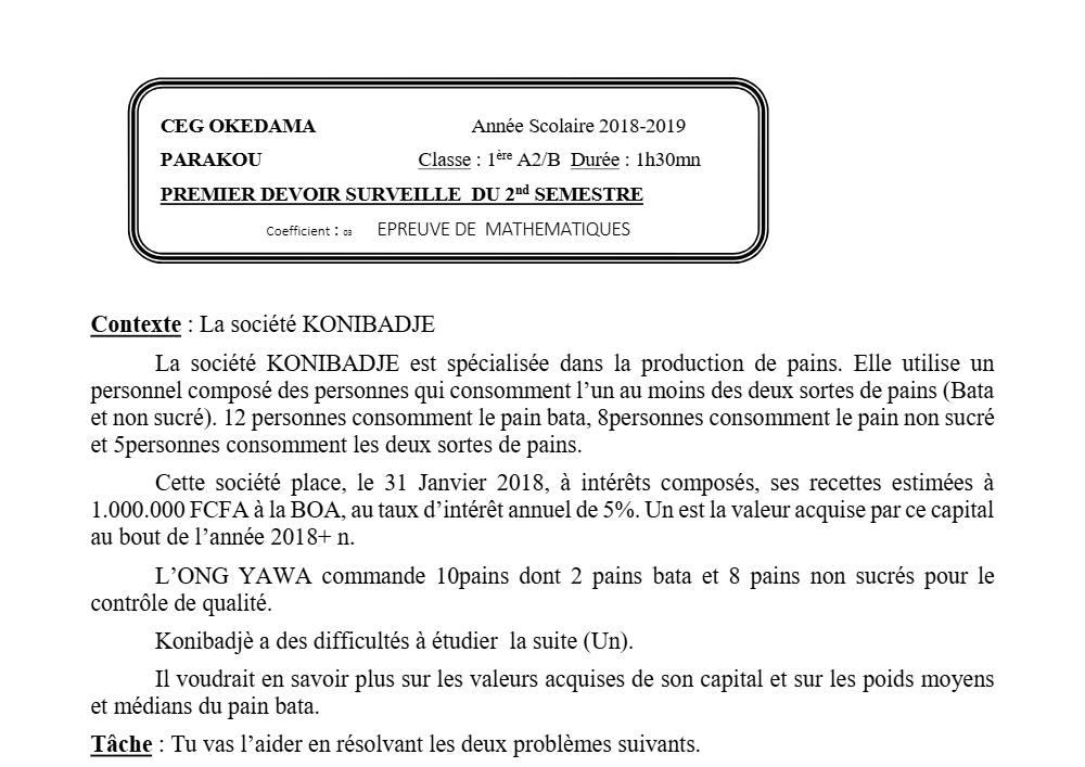 Aperçu de la première page — 1ère A2 B Mathématiques Devoir 1 Semestre 2 CEG Okedama 2018 2019