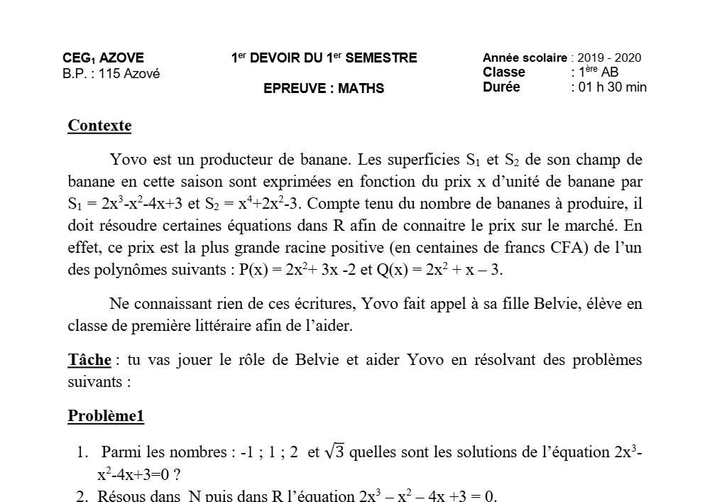 Aperçu de la première page — 1ère AB Mathématiques Devoir 1 Semestre 1 CEG1 Azové 2019 2020