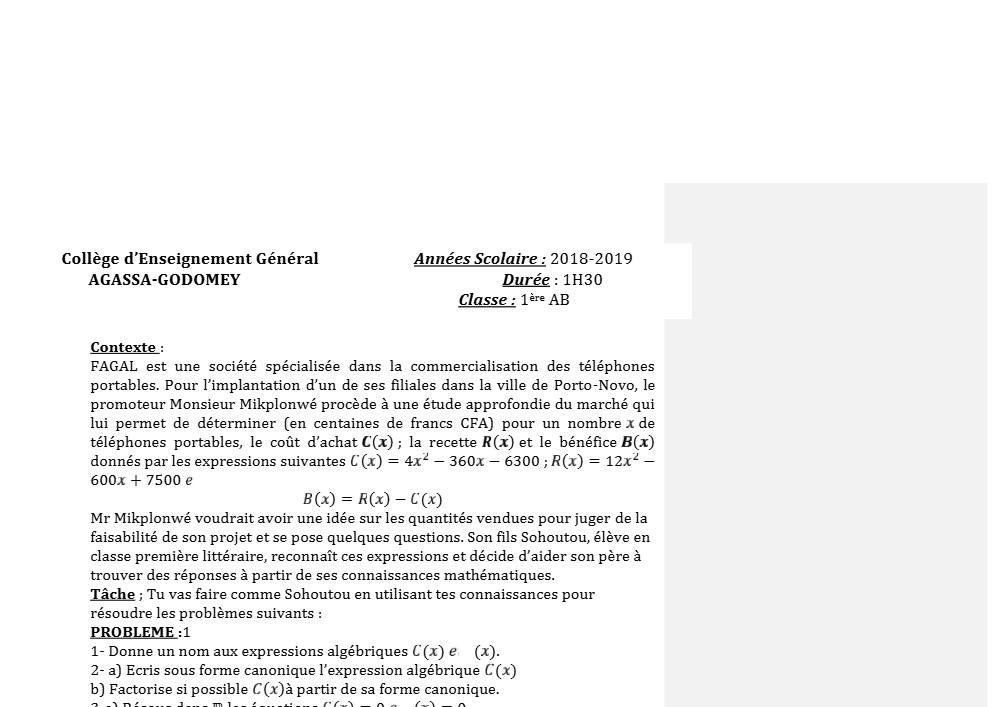 Aperçu de la première page — 1ère AB Mathématiques Devoir 1 Semestre 1 CEG Agassa Godomey 2018 2019