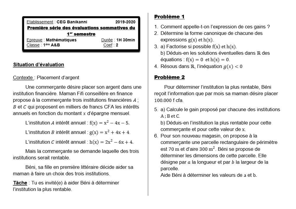 Aperçu de la première page — 1ère AB Mathématiques Devoir 1 Semestre 1 CEG Banikanni 2019 2020