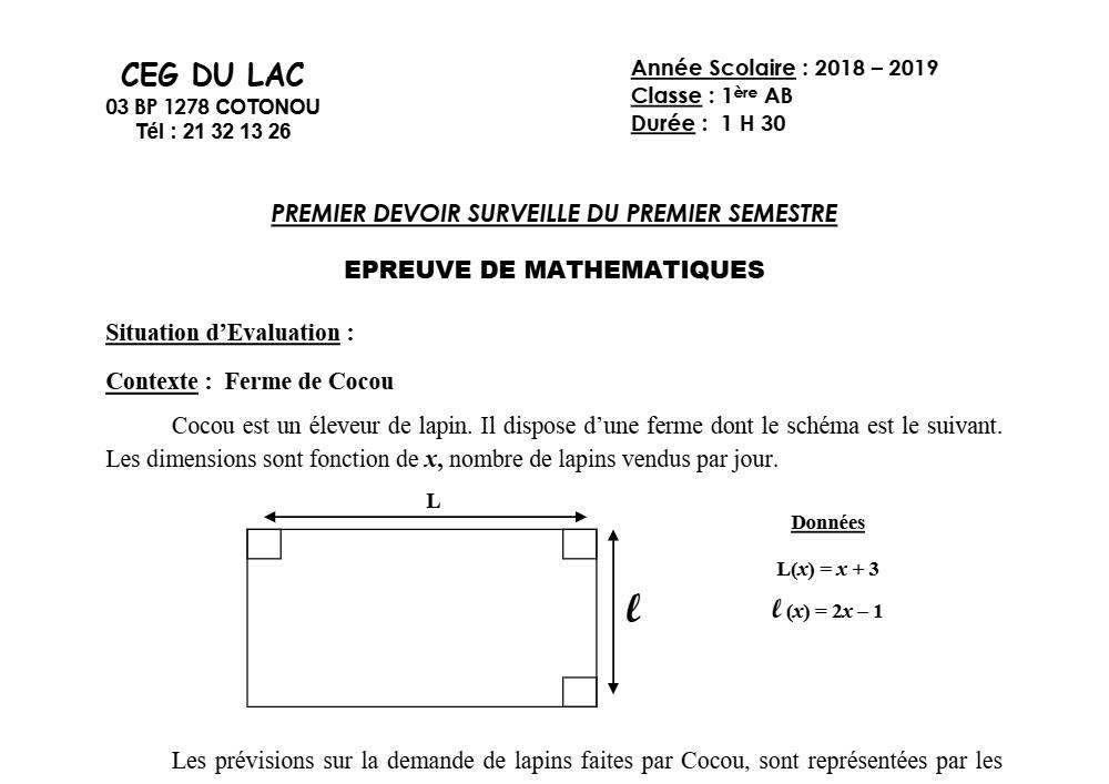 Aperçu de la première page — 1ère AB Mathématiques Devoir 1 Semestre 1 CEG du Lac 2018 2019